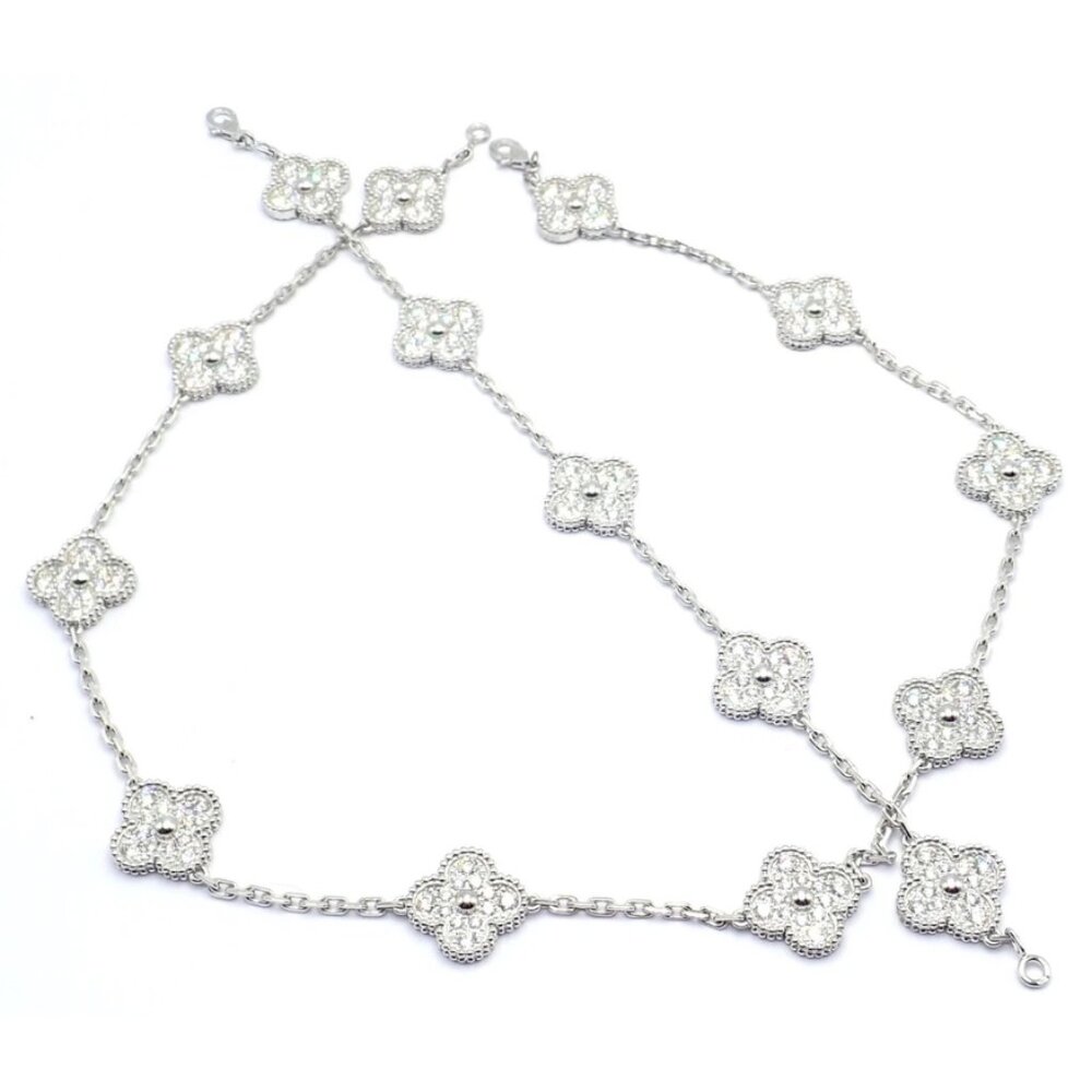 Van Cleef & Arpels 18k Gold Vintage Alhambra Diamond Necklace Bracelet Set Cert.